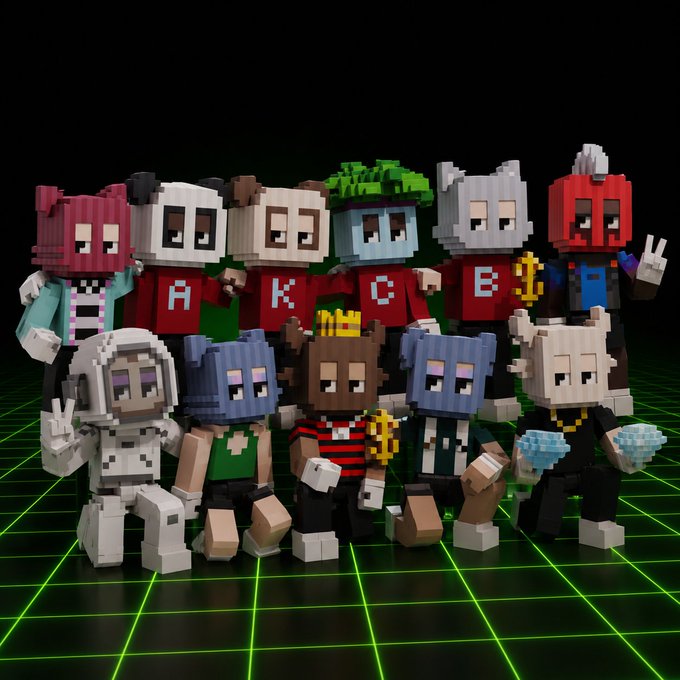 A group of Minecraft-style voxel characters pose together on a neon green grid floor, with several wearing red shirts spelling out "A K C B" — a stylized rendering of the AKCB (A Kid Called Beast) branding referenced in the post.