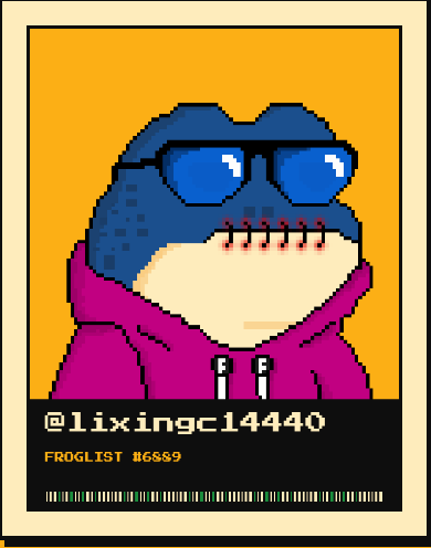 A pixel art NFT card featuring a blue frog character wearing sunglasses and a purple hoodie, labeled @lixingc14440 with text 'FROGLIST #6889'.