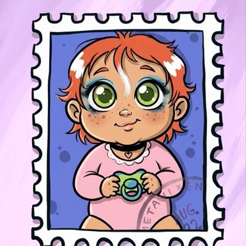 A cartoon illustration of a red-haired character with large green eyes styled as a postage stamp against a purple background.