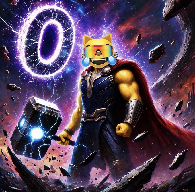 A digital illustration of a muscular, yellow cat-like figure wearing sunglasses and a red cape, wielding a glowing hammer that resembles Mjolnir in a cosmic setting. The cat has large crying-laughing tears.