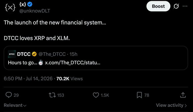 A tweet from @unknowDLT displays a screenshot of a post by the official DTCC account (@The_DTCC) that reads "Hours to go..." with a countdown timer, captioned by @unknowDLT with "The launch of the new financial system... DTCC loves XRP and XLM." The image supports the accompanying post by highlighting that the DTCC shared a teaser about an imminent launch but notably excluded the popular @unknowDLT tweet referencing XRP from their replies.