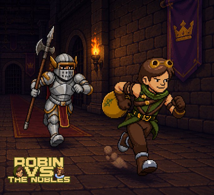 Pixel art game screen showing a thief with goggles and a sack of gold running past an armored knight with an axe in a castle hallway, with the title text "ROBIN VS THE NOBLES" in the corner, illustrating the "Robin vs Nobles" Entropy Upgrade mentioned in the post.