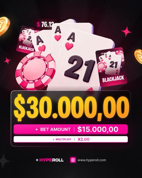 A HyperRoll blackjack gambling result showing a winning $30,000.00 payout from a $15,000.00 bet with an X2.00 multiplier, displaying three Aces and a '21' total with $76.12 balance.