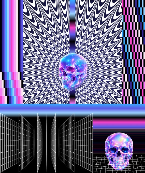 A psychedelic, retro-style collage featuring iridescent skulls, geometric checkerboard patterns, optical illusion spirals, and neon grid landscapes.