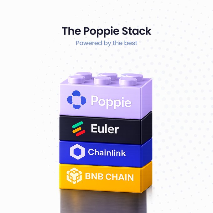 A promotional graphic titled 'The Poppie Stack - Powered by the best' showing a stacked LEGO-like tower featuring Poppie, Euler, Chainlink, and BNB CHAIN logos.