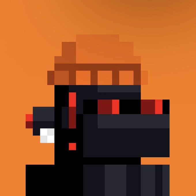 A pixel art illustration of a dark figure with red accents and an orange beanie-like hat set against a solid orange background.