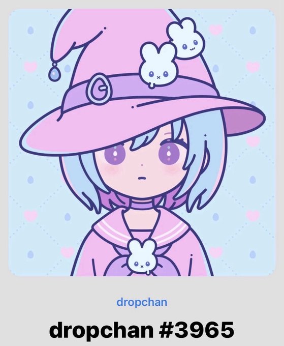 An anime-style illustration of a character with blue hair wearing a pink hat decorated with bunny charms, labeled "dropchan #3965" with the watermark "dropchan".