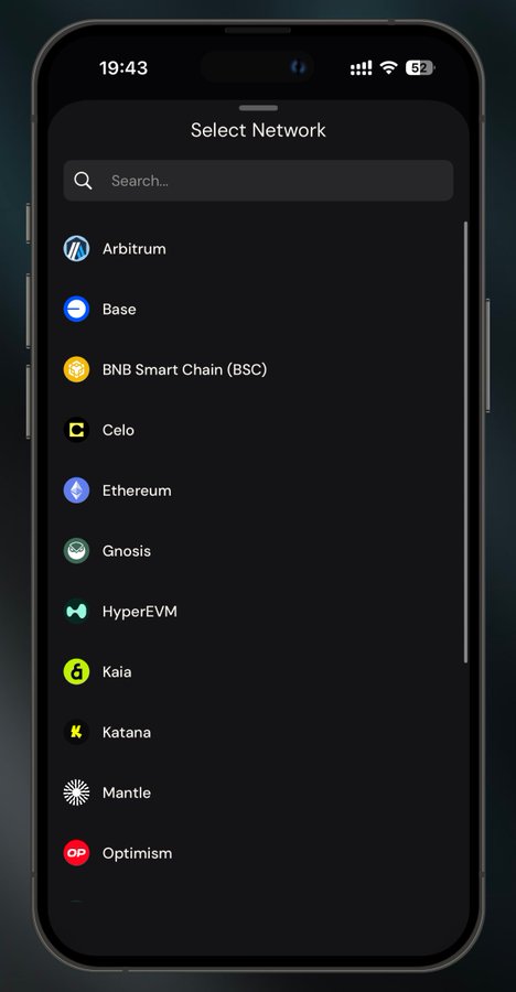 Mobile phone screen displaying a 'Select Network' menu with options including Arbitrum, Base, BNB Smart Chain (BSC), Celo, Ethereum, Gnosis, HyperEVM, Kaia, Katana, Mantle, and Optimism.