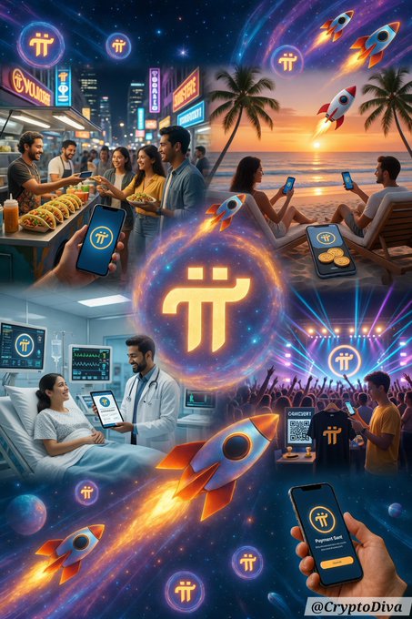 A vibrant collage depicts the Pi cryptocurrency logo and rockets, showing scenes of people using Pi in street food, beach, hospital, and concert settings, watermarked '@CryptoDiva'.