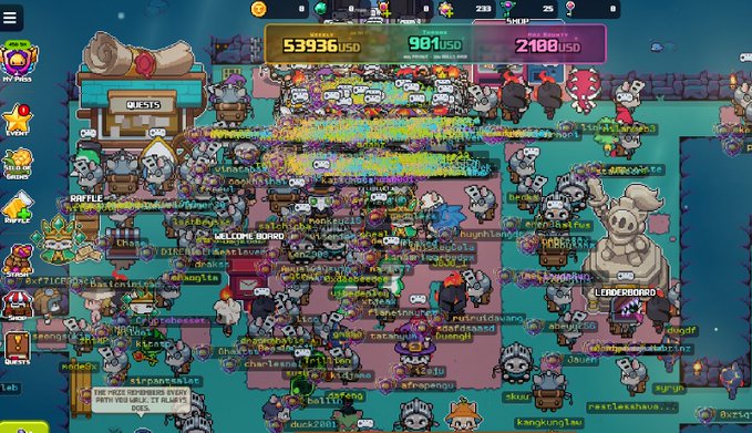 A chaotic screenshot from a pixel-art online multiplayer game showing numerous player avatars clustered together, with chat text, UI elements like 'MY PASS', 'RAFFLE', and 'GAMES' on the left, and resource counts at the top.