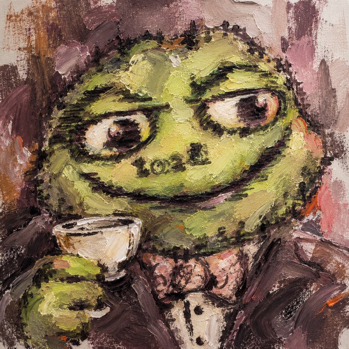 **Image 10:** An oil painting depicts a green, textured face with large, wide eyes and a wide, somewhat unsettling smile. The figure is holding a white cup or glass near their chin, painted with thick, expressive brushstrokes.