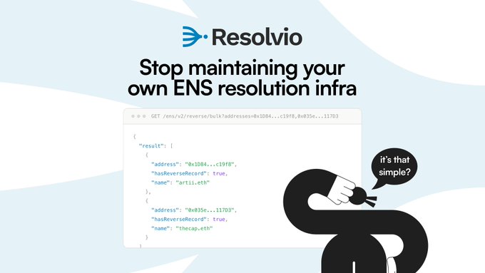 A promotional graphic for Resolvio, an open-source ENS resolution API, featuring a code snippet displaying a GET request for resolving multiple bulk addresses (`arbil.eth`, `thecap.eth`) and a curious character asking "it's that simple?"—visually reinforcing the post's message that a single endpoint can handle millions of records with over 10 output formats.