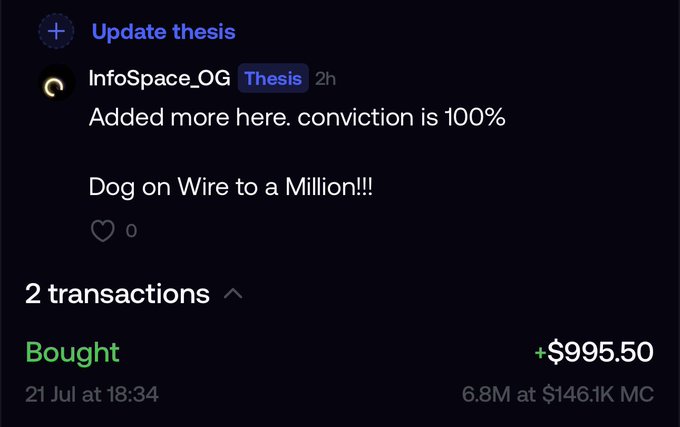 A Discord post from "InfoSpace_OG" announces a $995.50 purchase of "$DOW" at an 18:34 timestamp on July 21, with the caption expressing 100% conviction in the thesis that $DOW could reach $2M (10x) by following the trajectory of $WIRE and $HMM on the @wirebotRH ecosystem.