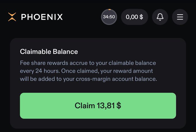 A screenshot of a cryptocurrency platform interface branded 'PHOENIX', showing a 'Claimable Balance' section with text explaining fee share rewards and a green button to 'Claim 13,81 $'.
