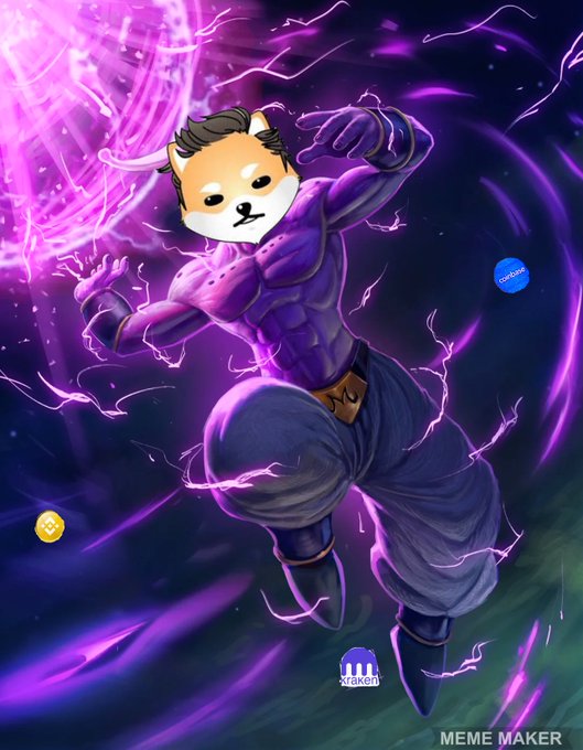An anime-style character with a Shiba Inu head, muscular purple outfit, and glowing purple energy powers stands in a fighting pose, surrounded by Binance, Kraken, and Bitcoin logos, watermarked "MEME MAKER."