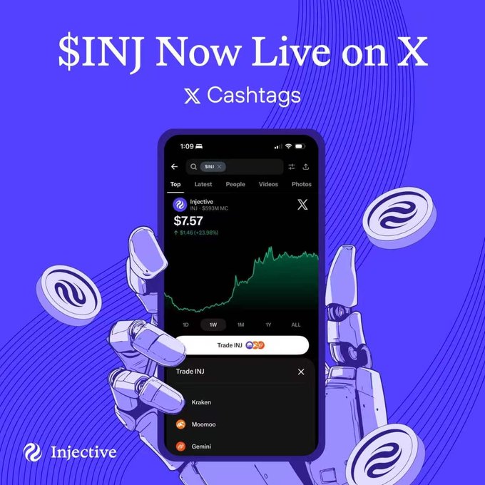 A purple promotional graphic announcing '$INJ Now Live on X' showing the Injective token ($7.57) on a smartphone screen with a robotic hand and floating coins.