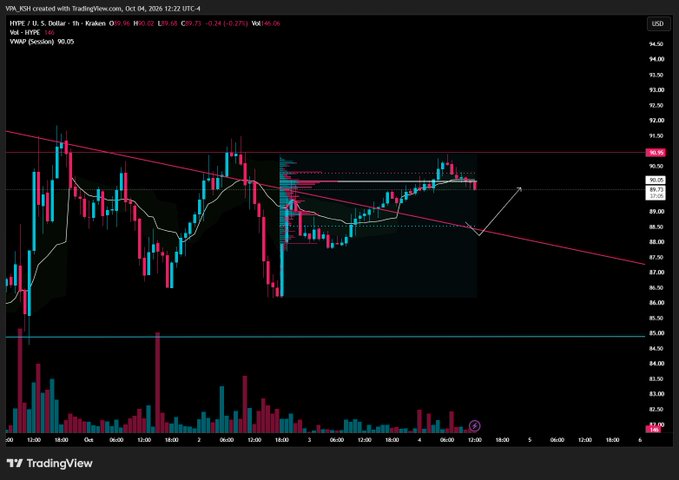 A TradingView chart displays HYPE/U.S. Dollar price action on the Kraken exchange with a 1-hour timeframe, showing candlestick patterns, moving averages, trendlines, and a volume histogram at the bottom; price levels range roughly between 86 and 94 USD.
