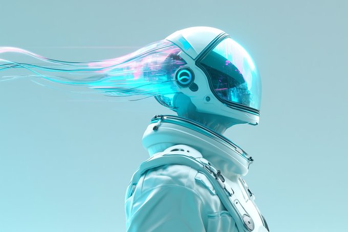 A side-profile digital illustration of a futuristic astronaut in a white suit and helmet with a glowing blue visor, featuring colorful, fiber-like strands flowing from the back of the helmet.