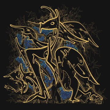 A stylized gold and blue illustration features an intricate, abstract bird-like figure intertwined with fish-like shapes, matching the artistic NFT style of creator @mrbretjolliffe whose first edition NFT collection has just sold out.