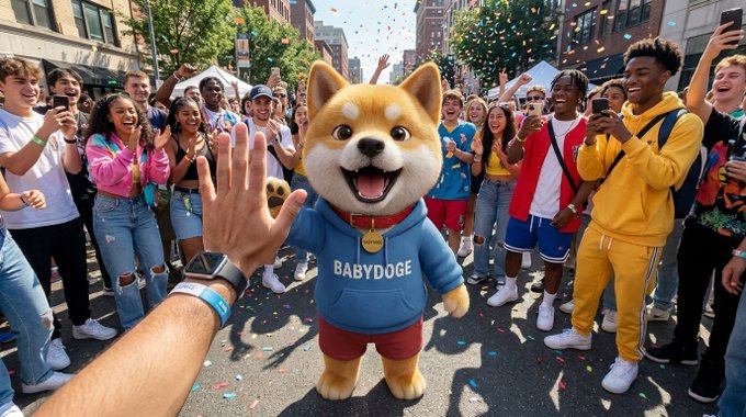A cheerful Shiba Inu mascot wearing a blue "BABYDOGE" hoodie greets a crowd at a lively street celebration, with confetti falling and a person's hand reaching out for a high-five, embodying the loyal community spirit described in the post about weathering three market crashes together.