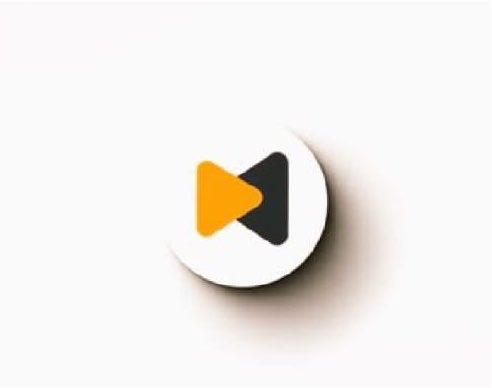 A 3D-style play button icon with an orange triangle and a black triangle on a white circular base.