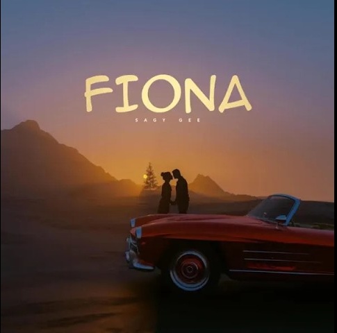 An album cover for 'FIONA' by Saggy Oee, showing silhouettes of a couple against a sunset landscape with a vintage red convertible car in the foreground.
