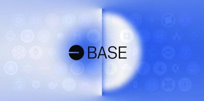 The image features a stylized split design with a blue gradient background showcasing faded app icons, centered around the "BASE" logo with a circular emblem. It visually reinforces the post's message by highlighting the Base ecosystem as a hub where builders are actively creating and users are engaging, emphasizing growth through development rather than just coin speculation.