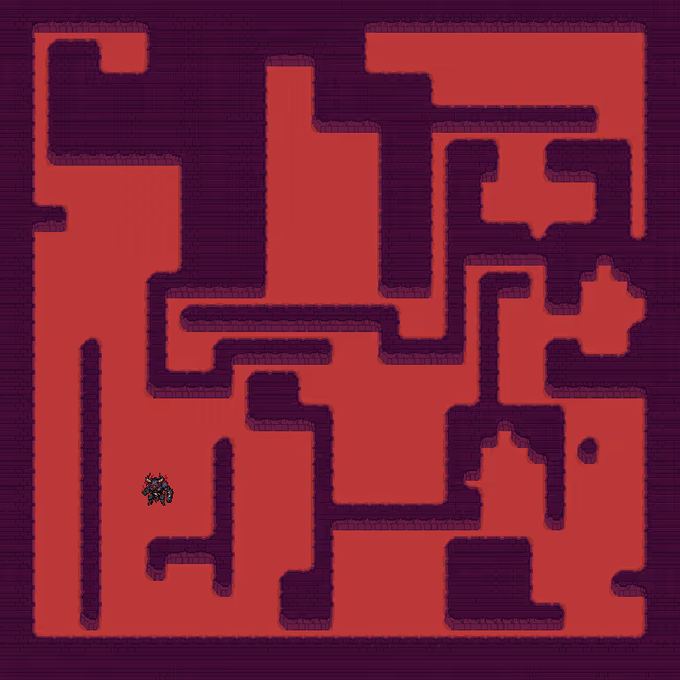 A retro-style video game maze in red and dark purple with a small green creature character navigating through the corridors.