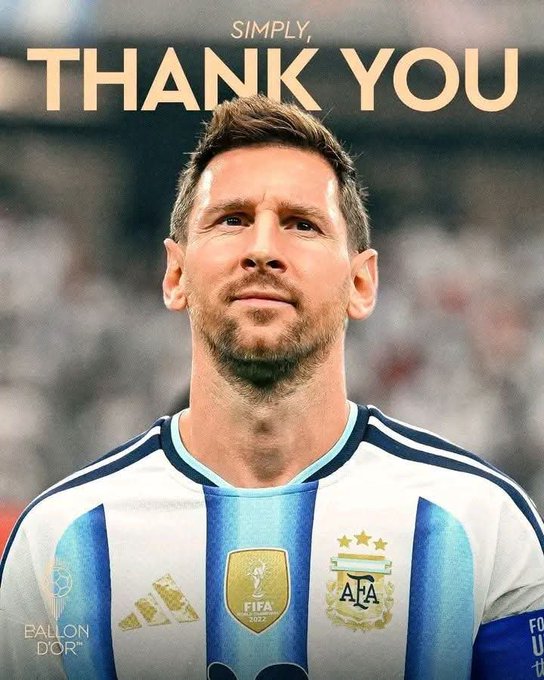 An image of Lionel Messi in Argentina's white and light blue striped national team jersey, with 'SIMPLY, THANK YOU' written above and 'BALLON D'OR' logo visible.