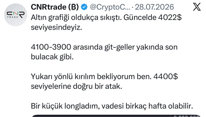 A Turkish-language tweet from CNRtrade (@CryptoC...) dated 28.07.2026 discussing gold (Altın) trading at $4022, predicting a breakout toward $4400 with a small long position held for a few weeks. The caption highlights the trader's spot-on $4400 target prediction, matching the accompanying post's claim of accurate forecasting weeks in advance.