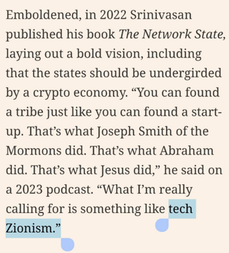 A text excerpt discussing Balaji Srinivasan's 2022 book *The Network State*, with the phrase 'tech Zionism' highlighted.