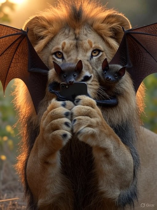 A surreal AI-generated image (watermarked 'Grok') of a lion with bat wings holding a smartphone, with two small bats perched on its shoulders.