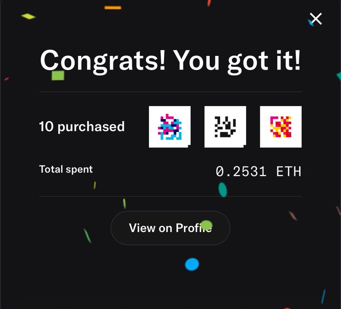 A dark-themed NFT purchase confirmation pop-up displays three pixelated "checks" NFTs by Jack Butcher (referenced as @jackbutcher in the post), showing "Congrats! You got it!" alongside "10 purchased" and a "Total spent" of "0.2531 ETH." The celebratory screen visually confirms the user's purchase of 10 credits at 0.025 ETH each, matching the accumulation they mentioned in their post.