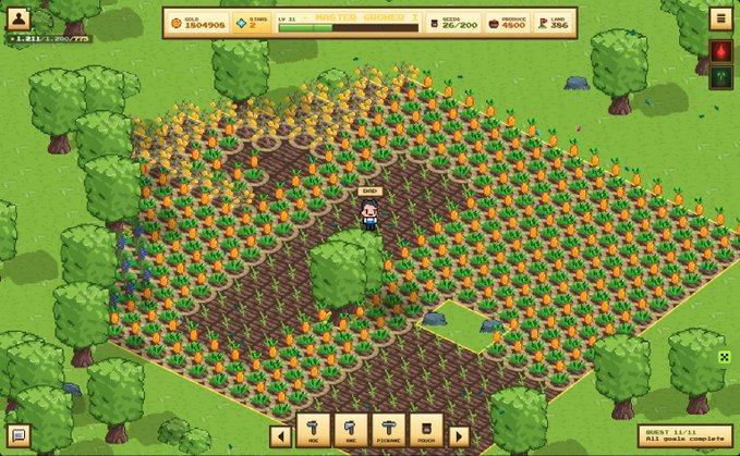 The image shows a video game screen with a cartoon character standing in a field of carrots. The character appears to be a farmer, and there are numerous carrot plants surrounding them. The background features trees and bushes, creating an outdoor setting for the game. The text on the image reads "after five hours of painful waiting, I finally managed to harvest everything. Things are running fast and smoothly with around 1,200 farmers grinding. I doubt the game could handle 2,000 players without getting overloaded." This message suggests that the game is designed to be challenging but enjoyable for a limited number of players at once.