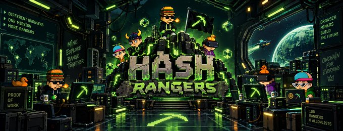 A pixel-art "Hash Rangers" banner features ranger-clad characters surrounding a castle-like logo with the text "MINE EXPOSE RANGE TOGETHER," "PROOF OF WORK," and "100 RANGERS 0 ALINLISTRS," tying into the post's pitch of Hash Rangers as an emerging crypto project similar to Hashcats, with "Early Alpha" framing it as a presale or early-stage opportunity.