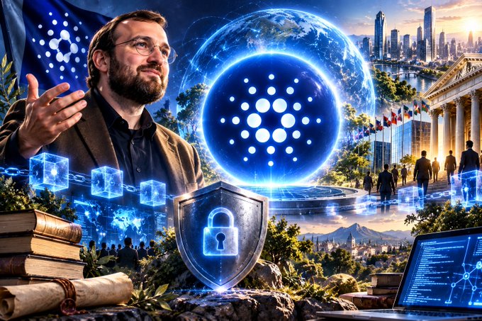 A man (appearing to be Charles Hoskinson) gestures while the Cardano logo and blockchain symbol glow over imagery of cities, laws, scrolls, a shield with a padlock, and code on a laptop—visually reinforcing the post's point that Cardano holds strong third-party security ratings, including an 87.64/100 score and AA rating on CertiK's Skynet.