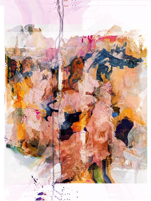 An abstract expressionist painting featuring layered, semi-transparent washes of pink, orange, blue, and dark hues with vertical drips running down the canvas.