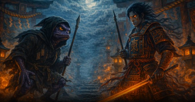 A fantasy illustration showing a confrontation between a hooded goblin-like creature with a spear and a samurai warrior with glowing orange eyes and a katana.
