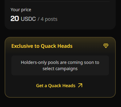 The image shows a computer screen with various information about an advertisement for "quack heads" on a website called @wallchain Tôi nghĩ không có lý do gì các bạn lại chê và đầy nghiêm túc với giá kịch sàn như thế này có tôi khân. The advertisement is promoting the exclusive offer of "quack heads" and it includes a special price of 20 units or 4 posts for $4 each, indicating that only those who participate will receive the advertised offer. Additionally, there's a button on the screen that says "Get a Quack Head", suggesting the website encourages users to take advantage of this exclusive promotion by selecting campaigns they find interesting.