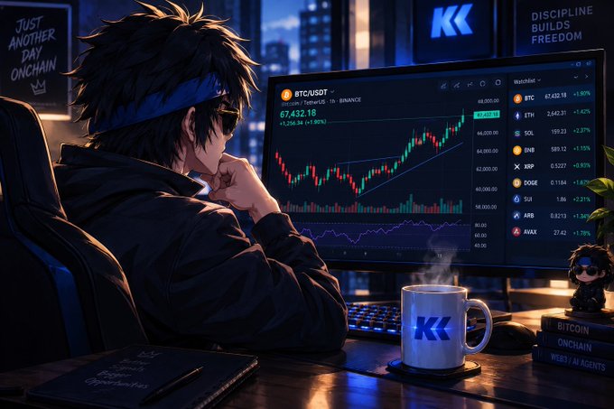 An anime-style illustration shows a character with a blue headband looking at a computer monitor displaying a BTC/USDT candlestick chart and a watchlist of cryptocurrencies including ETH, SOL, INJ, XRP, and DOGE, with 'KK' branding and the phrases 'JUST ANOTHER DAY ONCHAIN' and 'DISCIPLINE BUILDS FREEDOM' visible.
