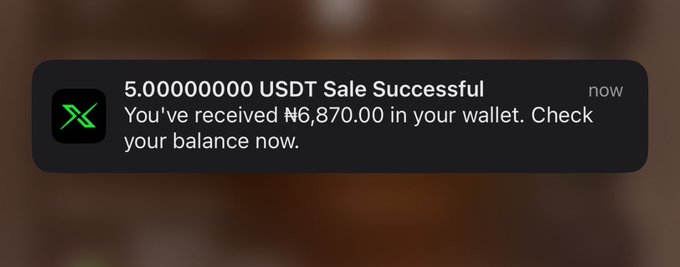 The image shows an email message with a green checkmark symbol next to a phone number. The text of the email reads "5.000000 USDT Sale Successful You've received N870,000 in your wallet. Check." This indicates that someone has sent money via cryptocurrency to another person's account.