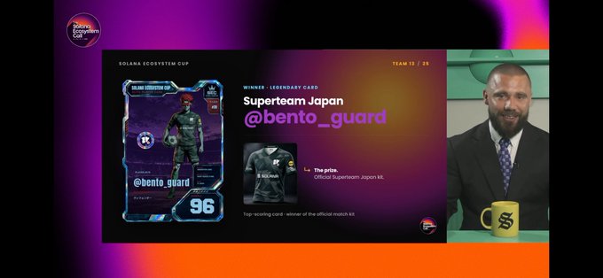 A broadcast features "Solana Ecosystem" branding and announces "@bento_guard" of Superteam Japan as the winner of a Legendary Card (rated 96) for the Solana Ecosystem Cup, displaying a prize of an official Superteam Japan kit and a top-scoring card as the official match kit.