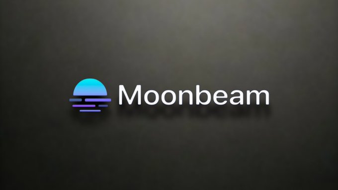 A dark promotional graphic displays the Moonbeam logo and the word “Moonbeam” in large white text. It supports the accompanying post’s bullish claim about GLMR/Moonbeam potentially rising dramatically, while no specific price or return figure is shown in the image.