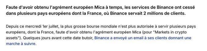 French text about Binance stopping services in several European countries including France due to not obtaining MiCA European approval on time, with 2 million clients affected.