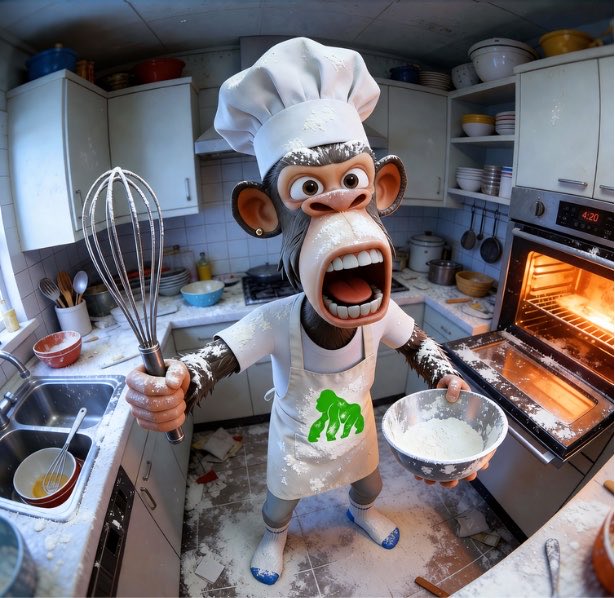 3D rendered image of a chef monkey wearing a white uniform and hat, holding a whisk in one hand and a bowl of flour in the other, standing in a messy kitchen covered in flour.