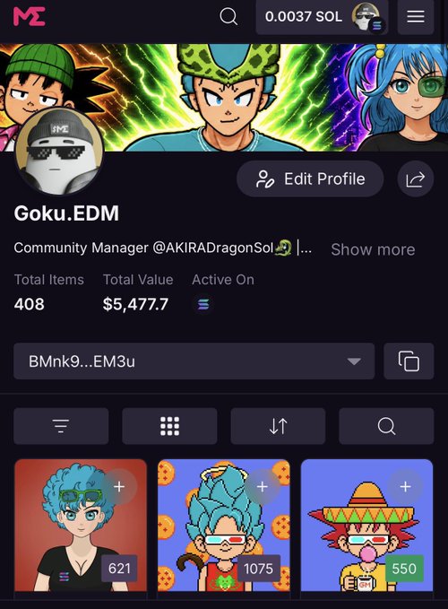 The image shows a Magic Eden profile for "Goku.EDM," a Community Manager with the handle @AKIRADragonSol, displaying a total of 408 NFT items valued at $5,477.7 across three NFT collections, supporting the caption about holding 408 DragonSol NFTs in their wallet.
