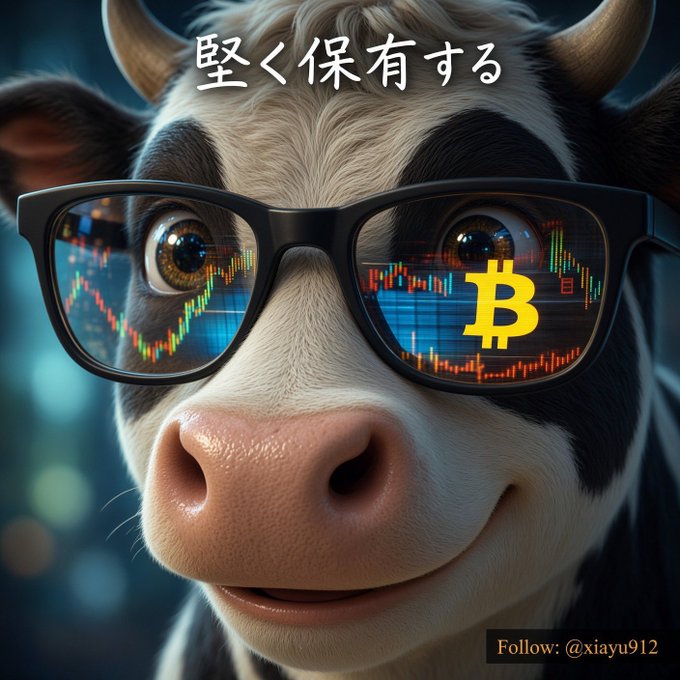 A close-up illustration of a cartoon cow wearing black-rimmed glasses that reflect Bitcoin candlestick charts and the Bitcoin 'B' logo, with Japanese text '堅く保有する' (Hold firmly) and 'Follow: @xiayu912' visible.