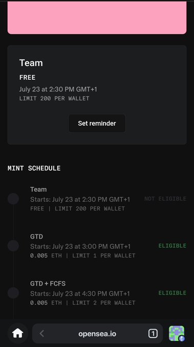 An OpenSea mint schedule page showing a free 'Team' mint on July 23 at 2:30 PM GMT+1 with a 200 per wallet limit, along with GTD and GTD+FCFS paid mint tiers.