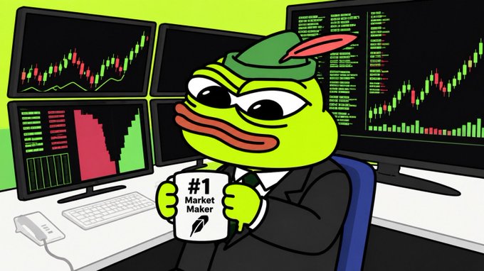 A cartoon Pepe character dressed as Robin Hood holding a mug labeled "#1 Market Maker," seated in front of multiple monitors displaying trading charts and market data.