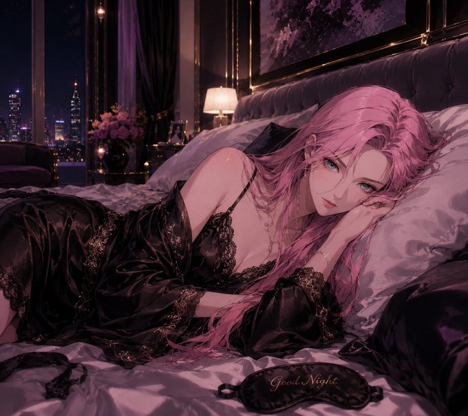 The image features a beautiful woman with long hair, dressed in black clothing, lying down on a bed. She has pink hair that stands out against her dark attire. The room she's in appears to be a bedroom, as there are several items placed around her, including a pillow and a nightstand. A pair of sunglasses is also visible near the center of the image.

The post seems to be related to a gaming platform called Gn Tomorrow, which has an update that allows players to earn points by completing tasks or answering questions correctly. The woman in the image is described as a character from this game, and she is wearing a night mask while lying on her bed. This suggests that the post might be promoting a new update for the game or highlighting a specific achievement within the game.